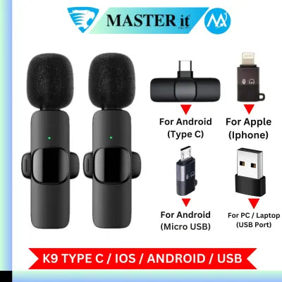 Wireless MIC Type C/IOS/Android Mic K9 Wireless Double Microphone For Interview, Vlogging , Podcast