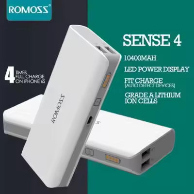Romoss Sense 4 10400mAh Power Bank – Dual USB, Fast Charging – White