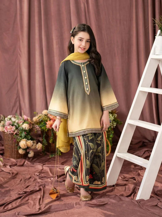 Charming Printed Stitched Suit for Girl 3Pcs in Multicolour