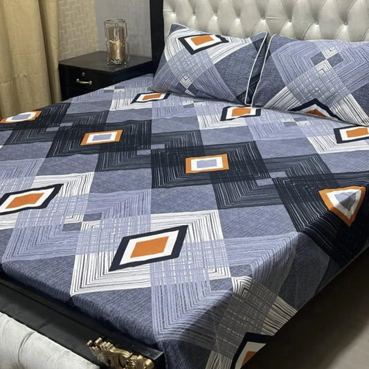 3 Pcs Crystal Cotton Printed Double Bedsheet