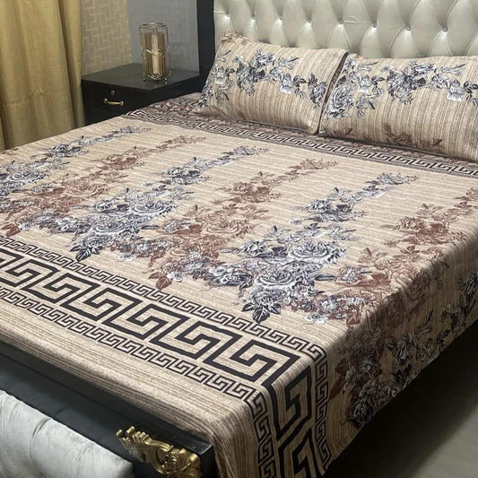 3 Pcs Crystal Cotton Printed Double Bedsheet
